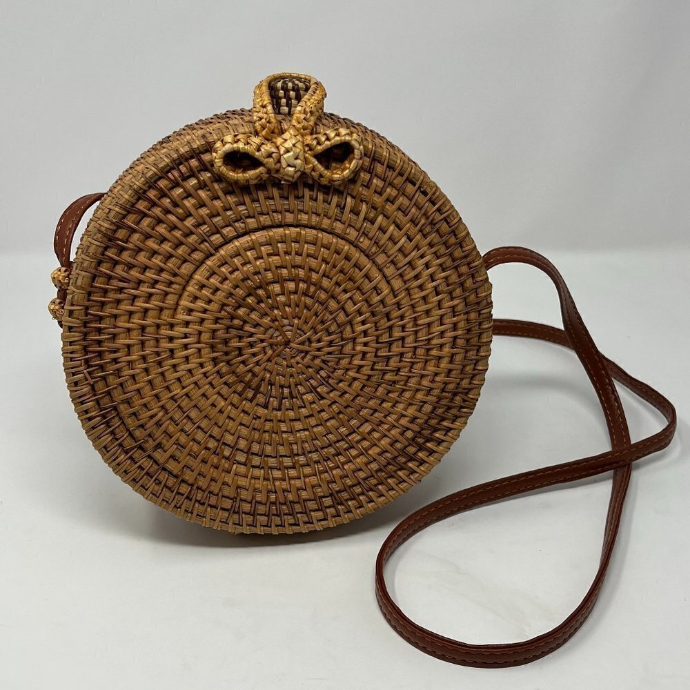 Rattan round crossbody bag brown leather strap purse
